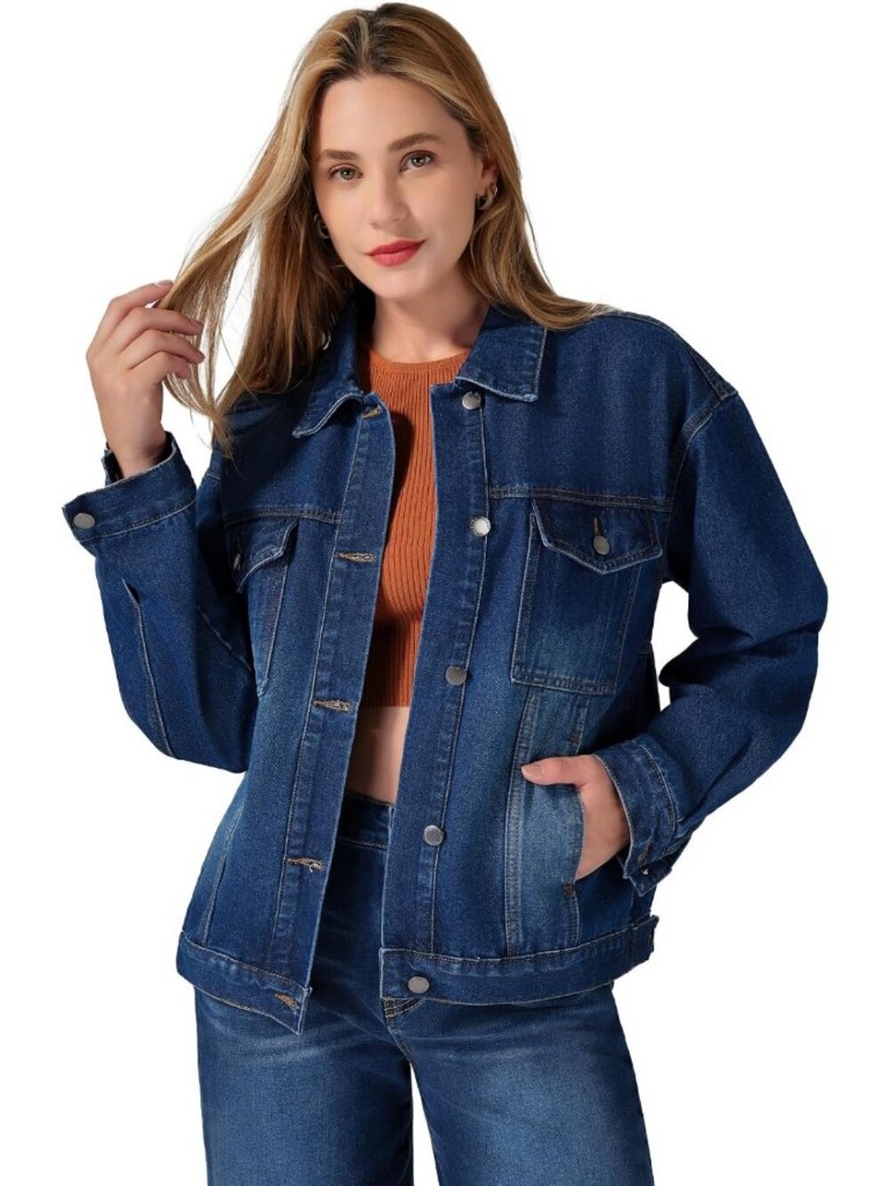 Oversized Women's Denim Jacket - Long Sleeve Button-Up Trucker Coat, Washed
